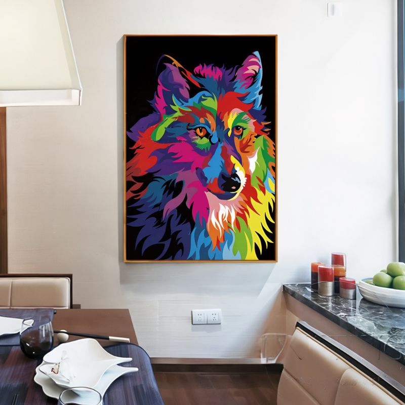 Tableau loup coloré cadre